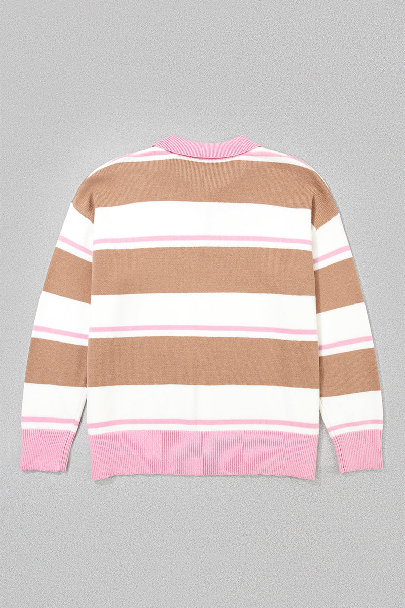 Plus Size Striped Collared Sweater for Women with Button Placket in Pink Stripe, flat lay back