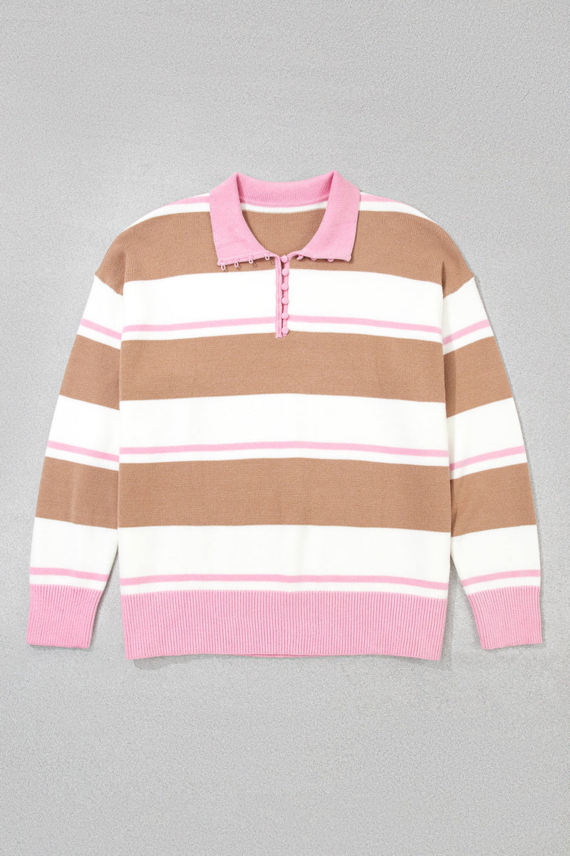 Plus Size Striped Collared Sweater for Women with Button Placket in Pink Stripe, flat lay front