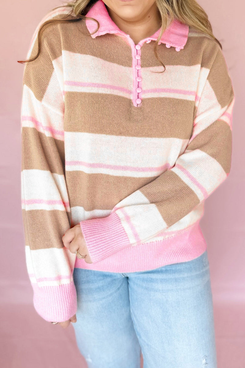 Plus Size Striped Collared Sweater for Women with Button Placket in Pink Stripe, relaxed front view