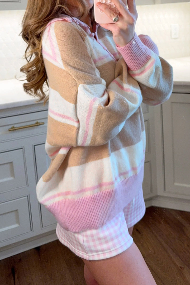 Plus Size Striped Collared Sweater for Women with Button Placket in Pink Stripe, side view
