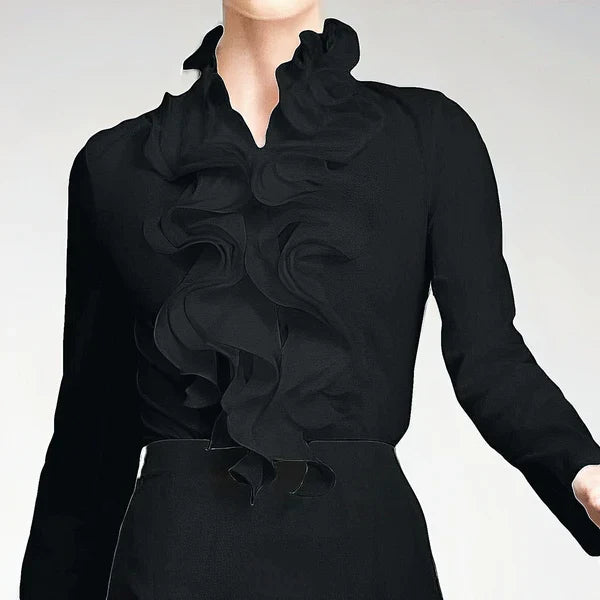 Ruffle Collar Blouse for Women with Layered Front Ruffles in Black, front view