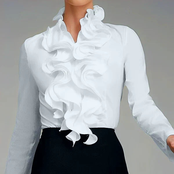 Ruffle Collar Blouse for Women with Layered Front Ruffles in White, close-up