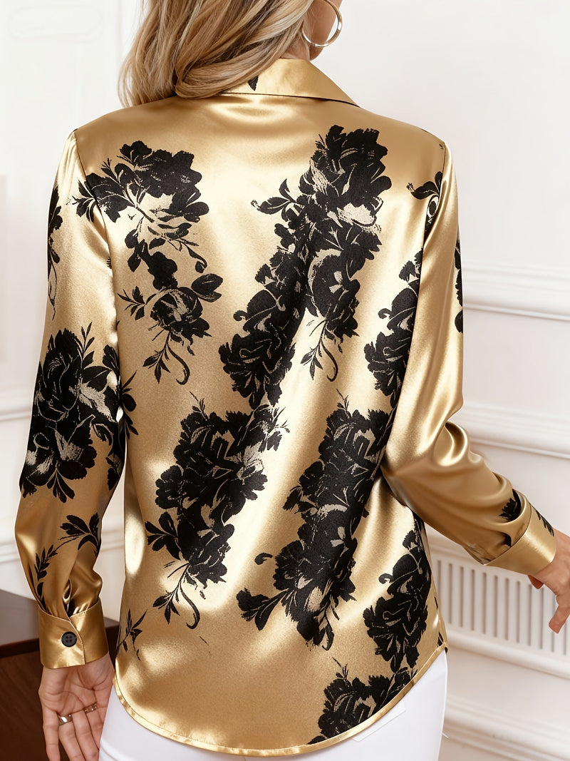 Floral Satin Blouse for Women with Button Front and Pointed Collar in Gold, back view