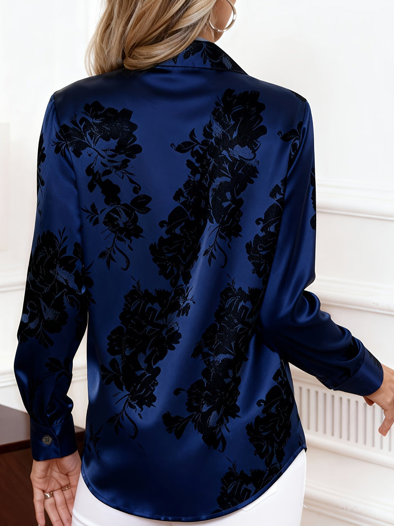 Floral Satin Blouse for Women with Button Front and Pointed Collar in Navy Blue, back view