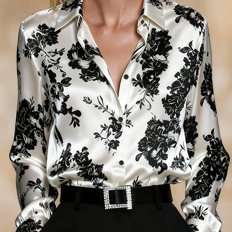 Floral Satin Blouse for Women with Button Front and Pointed Collar in White, close-up