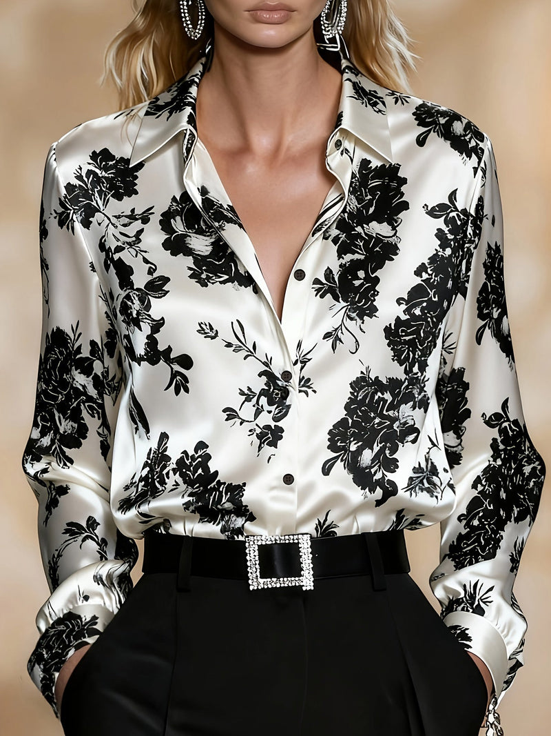 Floral Satin Blouse for Women with Button Front and Pointed Collar in White, front view
