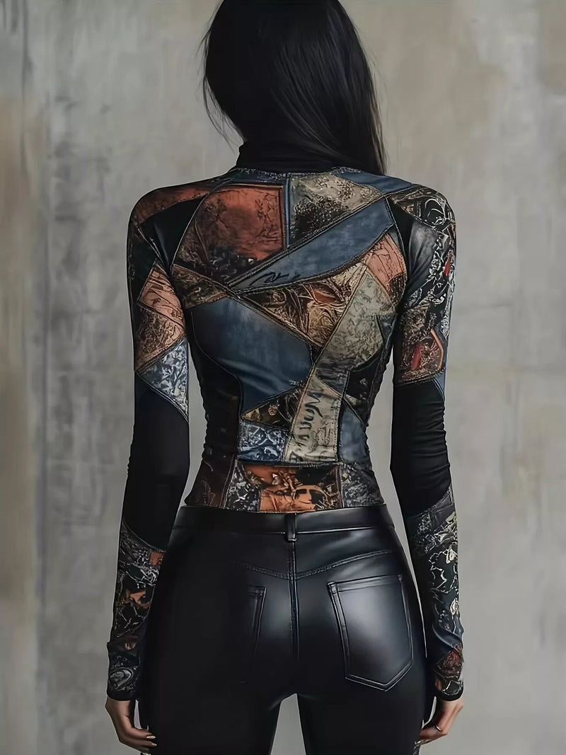 Patchwork Print Mock Neck Top for Women with Long Sleeves and Slim Fit in Multicolor, back view