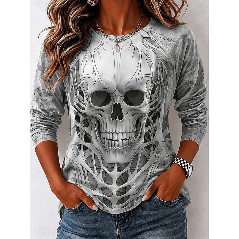 Skull Print Long Sleeve Top for Women with Crew Neck and Relaxed Fit in Gray, front view