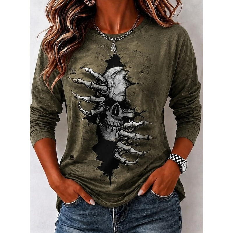 Skull Print Long Sleeve Top for Women with Crew Neck and Relaxed Fit in Green, front view