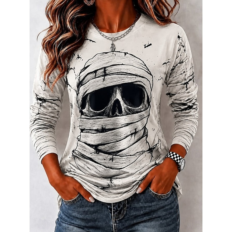 Skull Print Long Sleeve Top for Women with Crew Neck and Relaxed Fit in White, front view