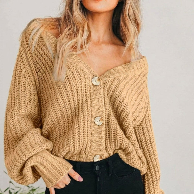 Chunky Knit V-Neck Cardigan for Women with Balloon Sleeves in Khaki, styled view