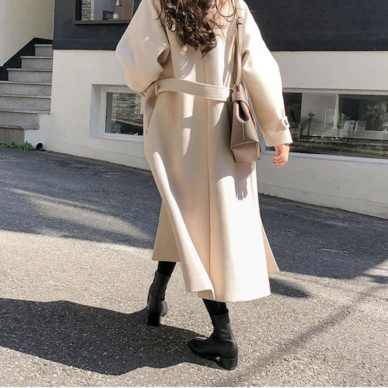 Long Wool-Look Trench Coat for Women with Buckle Belt and Cuff Tabs in Beige, back view