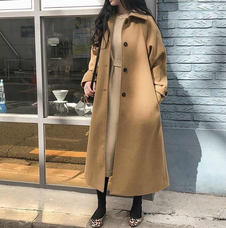 Long Wool-Look Trench Coat for Women with Buckle Belt and Cuff Tabs in Camel, front view