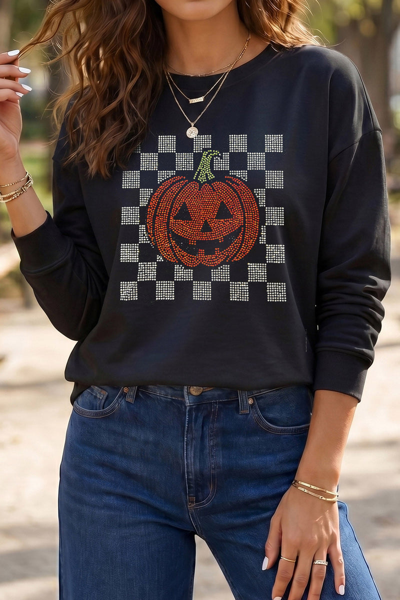 Rhinestone Pumpkin Long Sleeve Top for Women with Checkered Design in Black, styled view