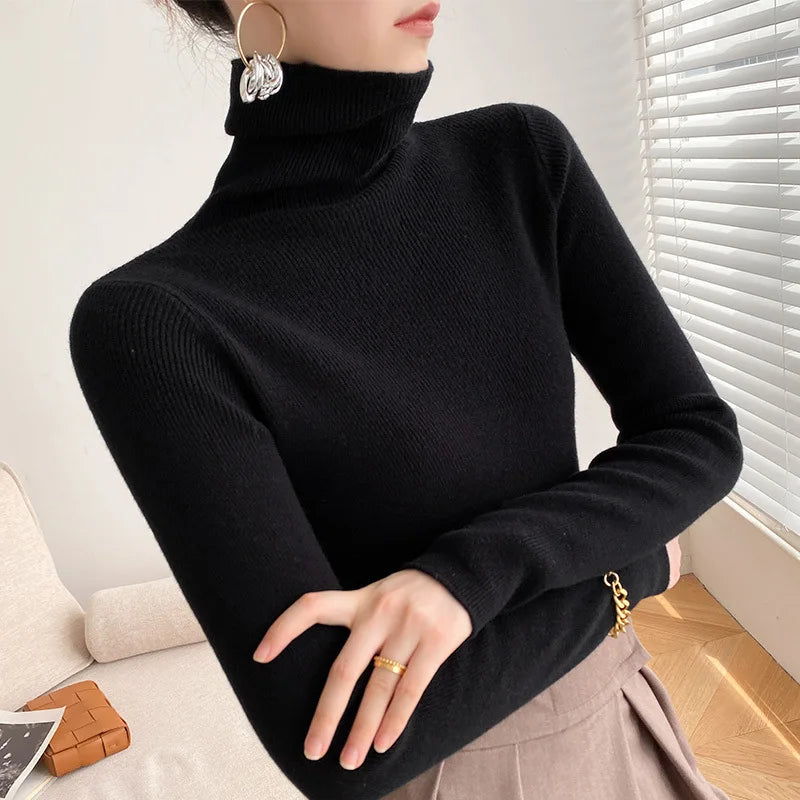 Slim Fit Turtleneck Sweater for Women with Cashmere-Feel Ribbed Knit in Black, front view