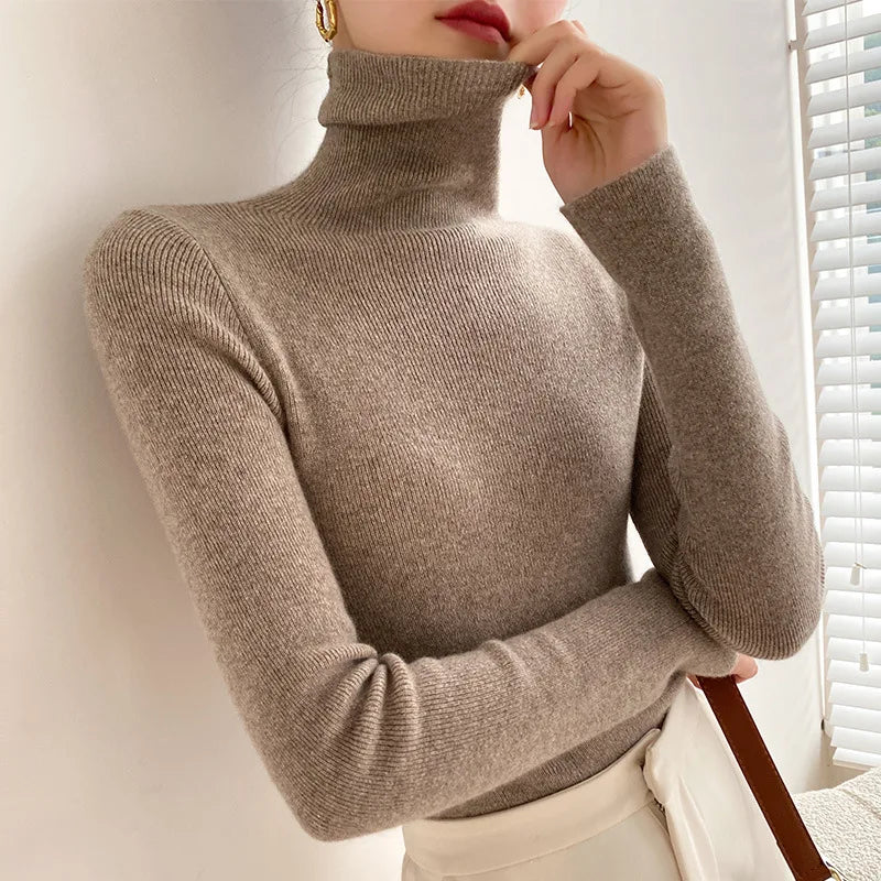 Slim Fit Turtleneck Sweater for Women with Cashmere-Feel Ribbed Knit in Camel, front view
