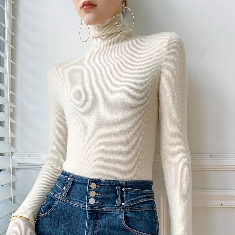 Slim Fit Turtleneck Sweater for Women with Cashmere-Feel Ribbed Knit in Cream, front view