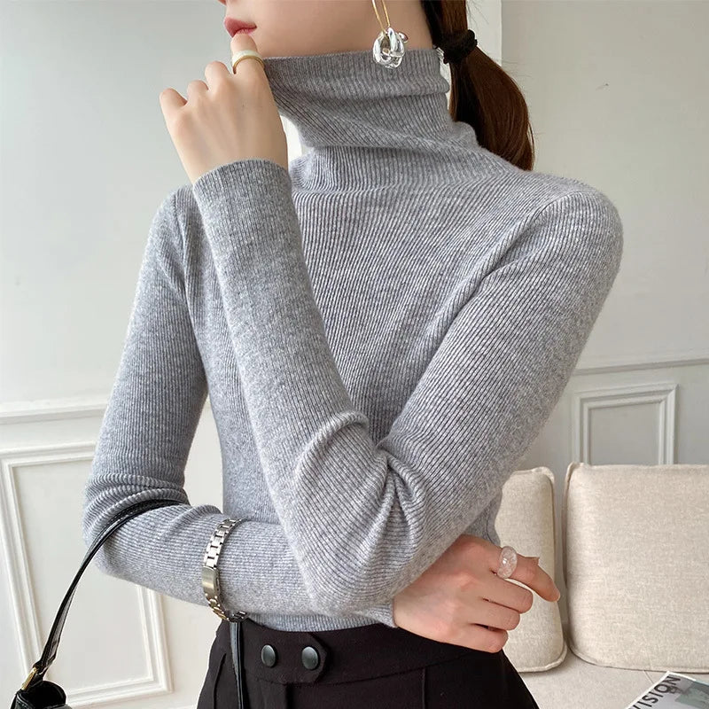 Slim Fit Turtleneck Sweater for Women with Cashmere-Feel Ribbed Knit in Gray, front view