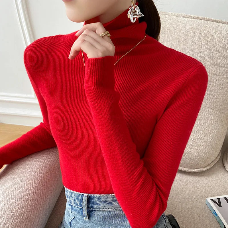 Slim Fit Turtleneck Sweater for Women with Cashmere-Feel Ribbed Knit in Red, front view