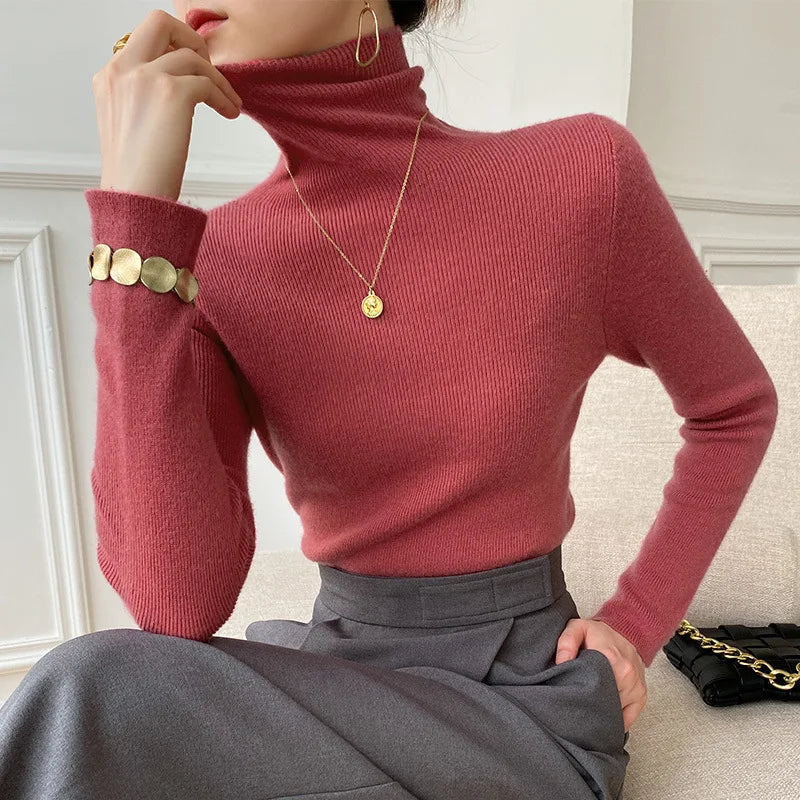 Slim Fit Turtleneck Sweater for Women with Cashmere-Feel Ribbed Knit in Rose Red, front view