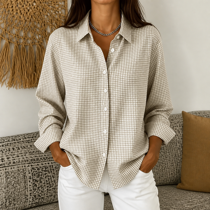 Gingham Button Up Shirt for Women with Long Sleeves and Relaxed Fit in Beige, front view