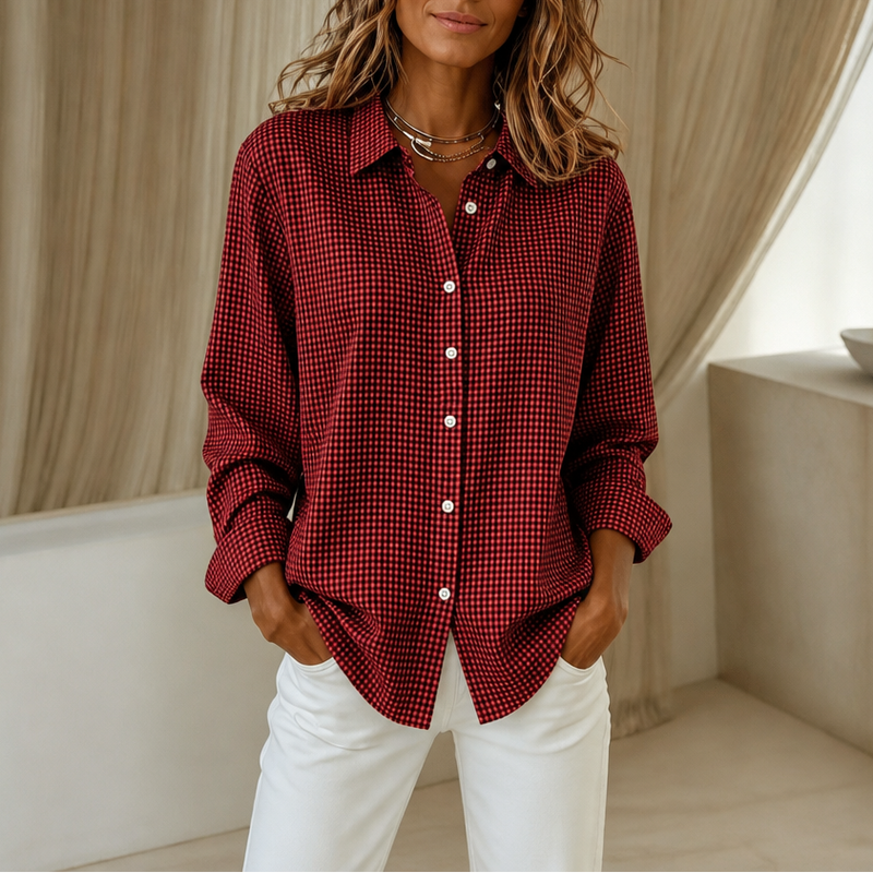 Gingham Button Up Shirt for Women with Long Sleeves and Relaxed Fit in Burgundy, front view