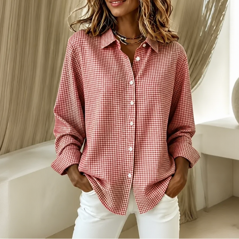 Gingham Button Up Shirt for Women with Long Sleeves and Relaxed Fit in Red, front view