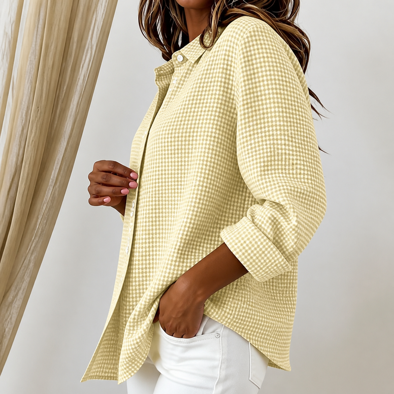 Gingham Button Up Shirt for Women with Long Sleeves and Relaxed Fit in Yellow, side view
