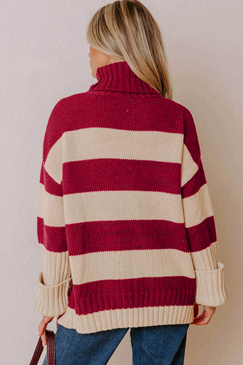 Striped Turtleneck Sweater for Women with Side Slits and Ribbed Cuffs in Red Stripe, back view