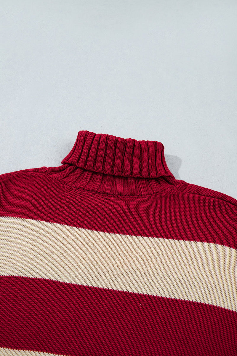 Striped Turtleneck Sweater for Women with Side Slits and Ribbed Cuffs in Red Stripe, collar close-up