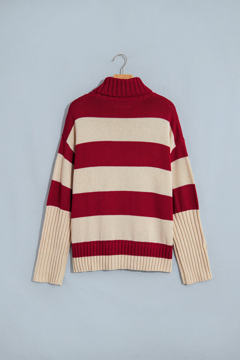 Striped Turtleneck Sweater for Women with Side Slits and Ribbed Cuffs in Red Stripe, flat lay back