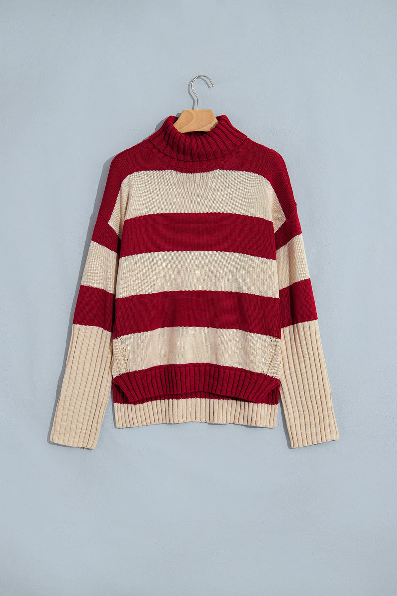 Striped Turtleneck Sweater for Women with Side Slits and Ribbed Cuffs in Red Stripe, flat lay front