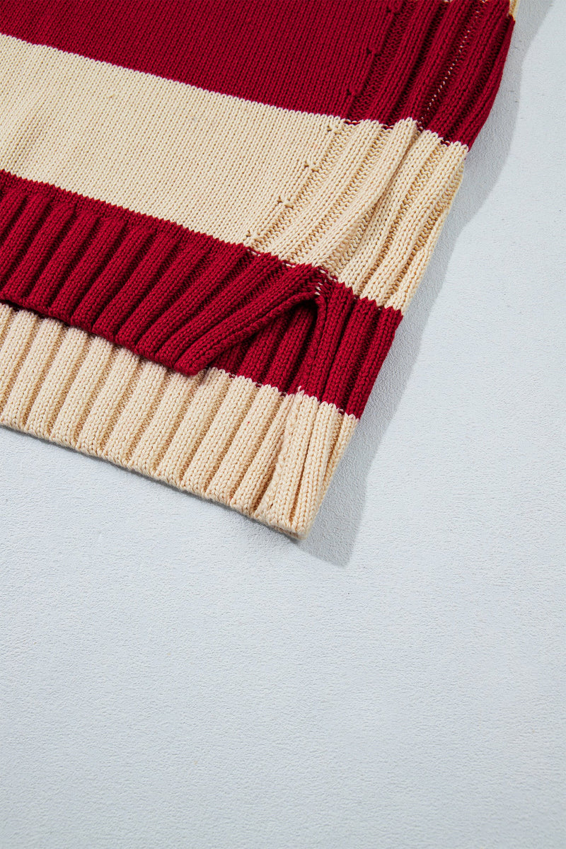 Striped Turtleneck Sweater for Women with Side Slits and Ribbed Cuffs in Red Stripe, side slit detail