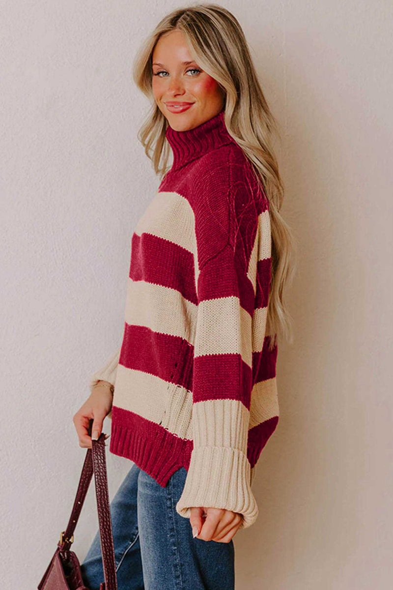 Striped Turtleneck Sweater for Women with Side Slits and Ribbed Cuffs in Red Stripe, side view