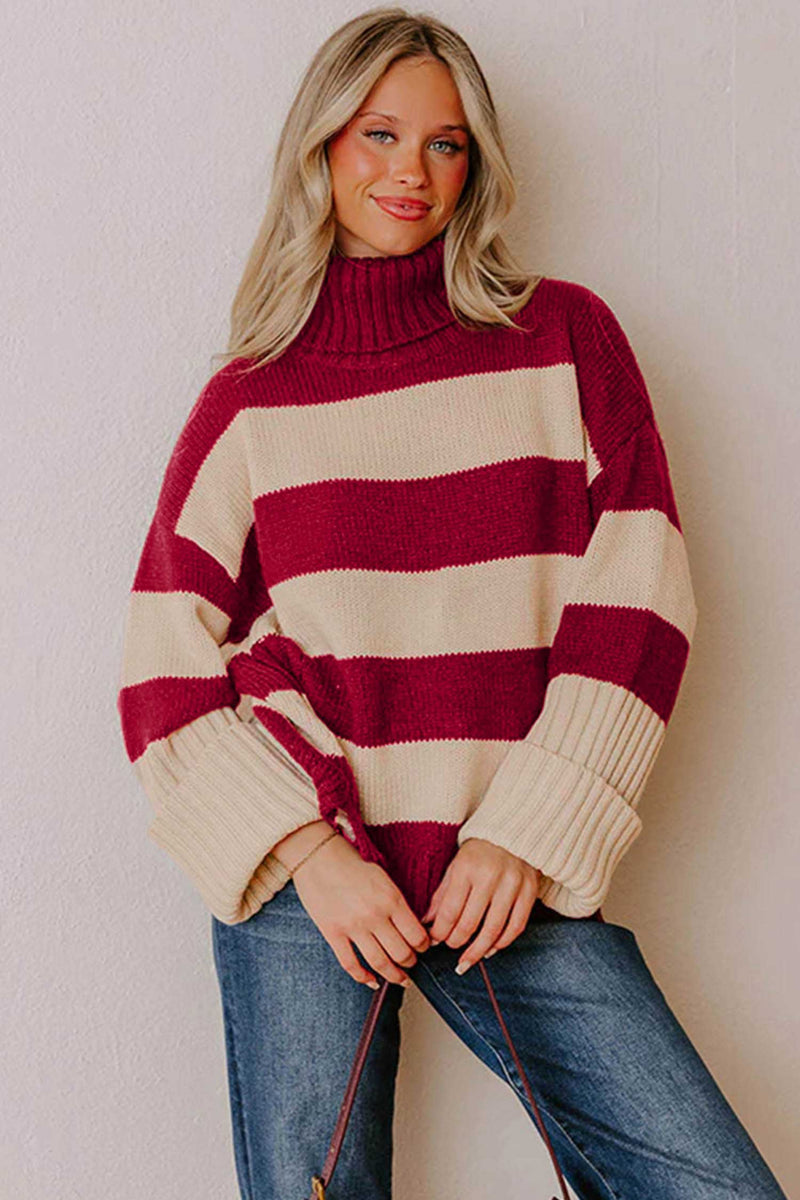 Striped Turtleneck Sweater for Women with Side Slits and Ribbed Cuffs in Red Stripe, styled view