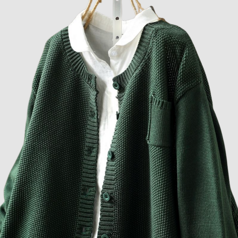 Crew Neck Knit Cardigan for Women with Chest Pocket and Button Front in Green, close-up