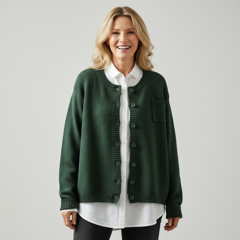 Crew Neck Knit Cardigan for Women with Chest Pocket and Button Front in Green, front view