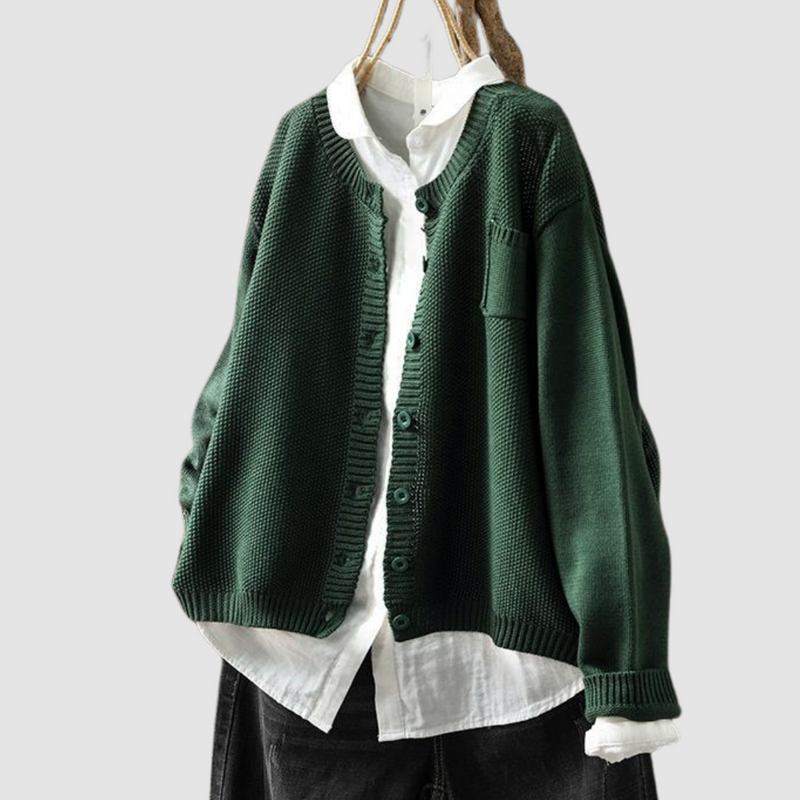 Crew Neck Knit Cardigan for Women with Chest Pocket and Button Front in Green, hanger front view