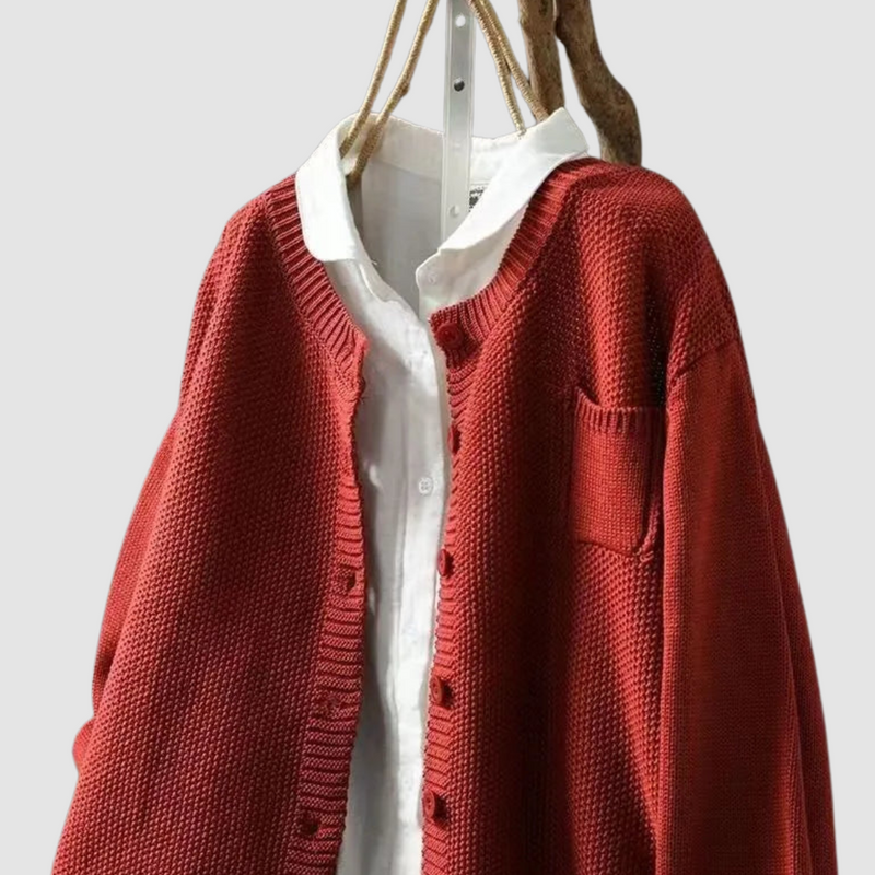 Crew Neck Knit Cardigan for Women with Chest Pocket and Button Front in Red, close-up