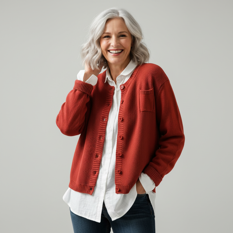 Crew Neck Knit Cardigan for Women with Chest Pocket and Button Front in Red, front view