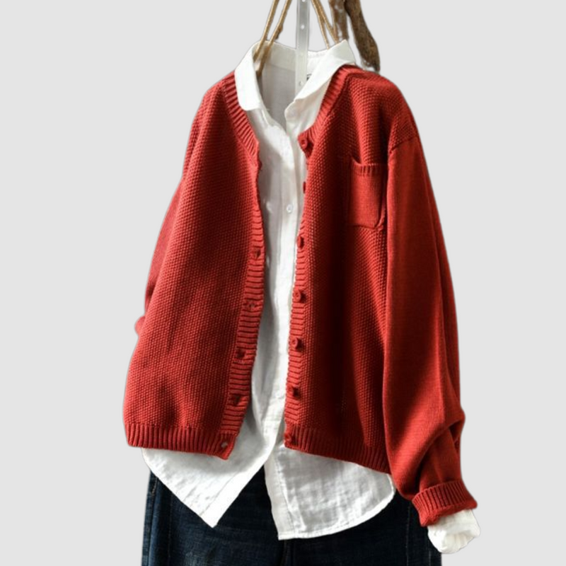 Crew Neck Knit Cardigan for Women with Chest Pocket and Button Front in Red, hanger front view