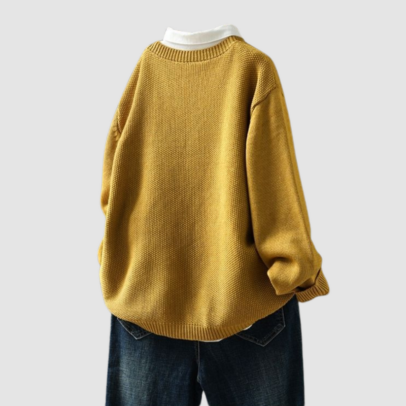 Crew Neck Knit Cardigan for Women with Chest Pocket and Button Front in Yellow, back view