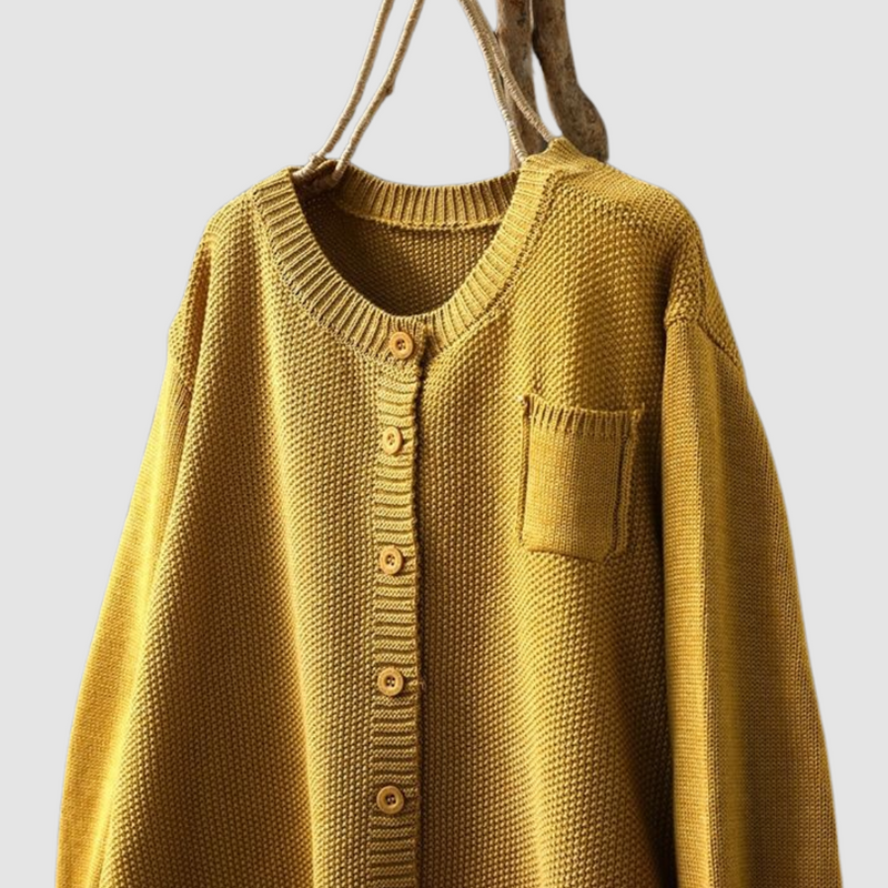 Crew Neck Knit Cardigan for Women with Chest Pocket and Button Front in Yellow, close-up