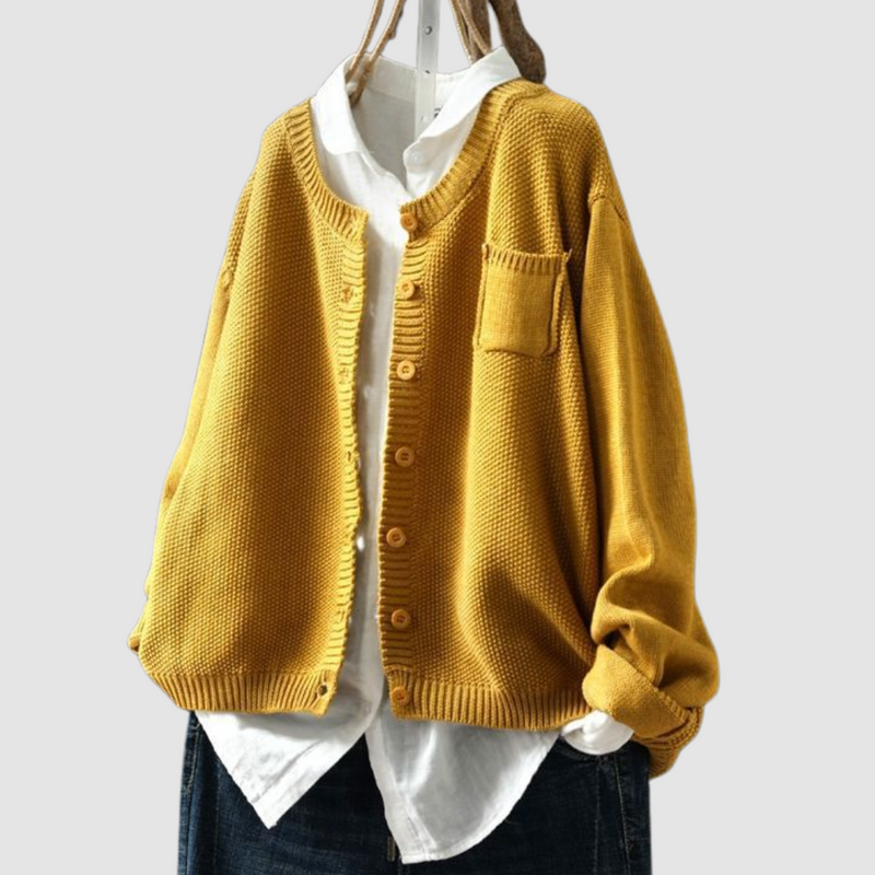 Crew Neck Knit Cardigan for Women with Chest Pocket and Button Front in Yellow, hanger front view