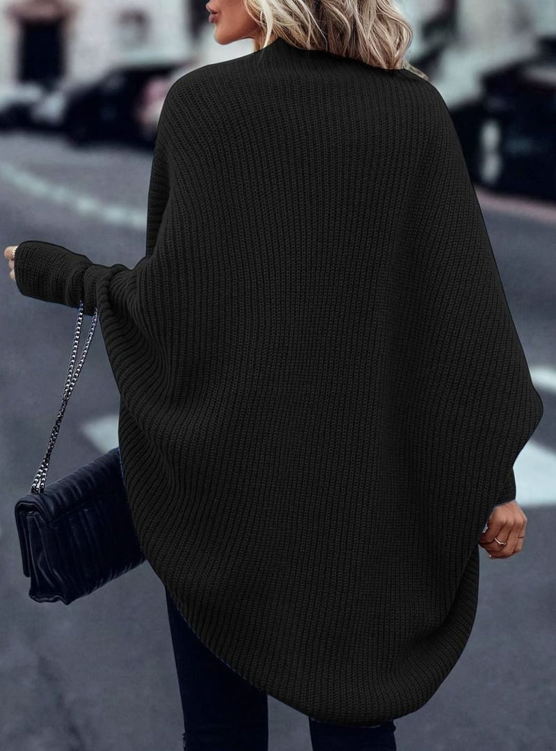 Longline Cocoon Cardigan for Women with Batwing Sleeves and Open Front in Black, back view