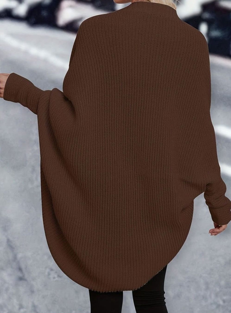 Longline Cocoon Cardigan for Women with Batwing Sleeves and Open Front in Coffee Brown, back view