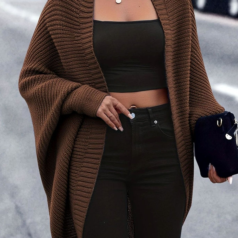 Longline Cocoon Cardigan for Women with Batwing Sleeves and Open Front in Coffee Brown, front view