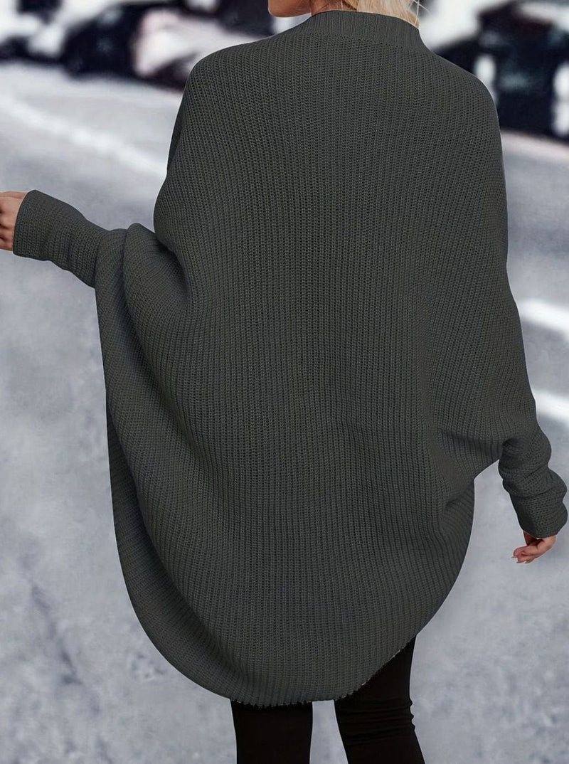 Longline Cocoon Cardigan for Women with Batwing Sleeves and Open Front in Dark Gray, back view