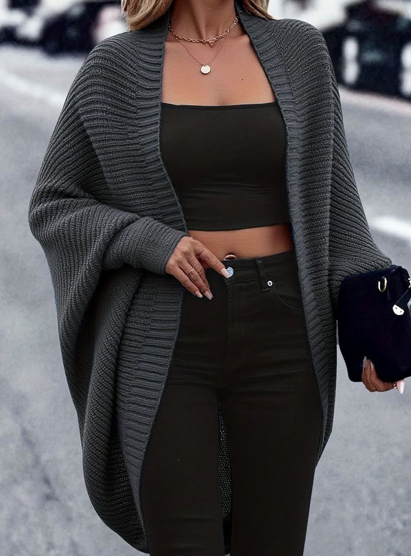 Longline Cocoon Cardigan for Women with Batwing Sleeves and Open Front in Dark Gray, open front view