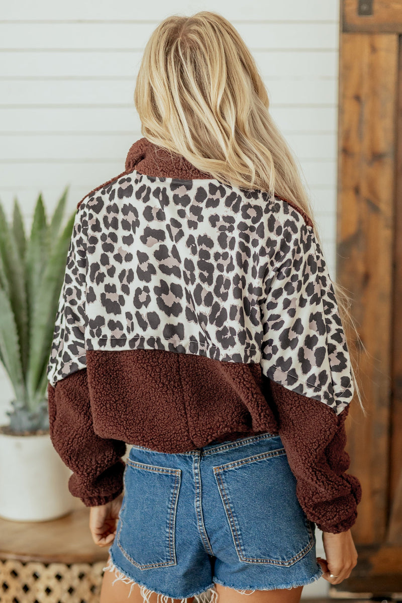 Leopard Print Color Block Sherpa Jacket for Women with Zip Front in Coffee, back view